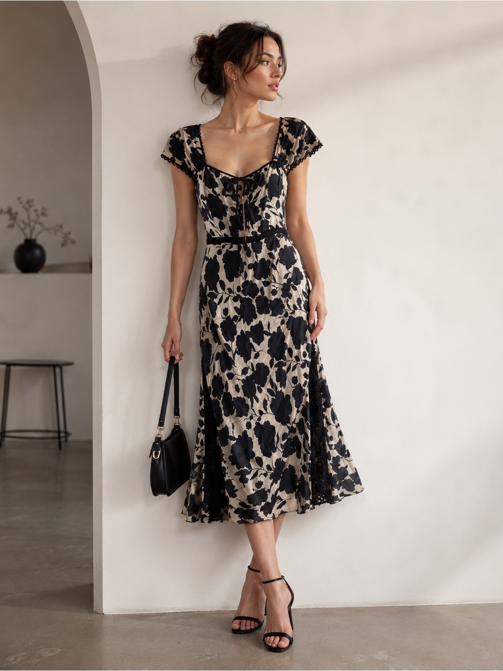 Jen’s Pirate Booty NWT Black Cream Floral Lace Trim Midi Dress 100% viscous